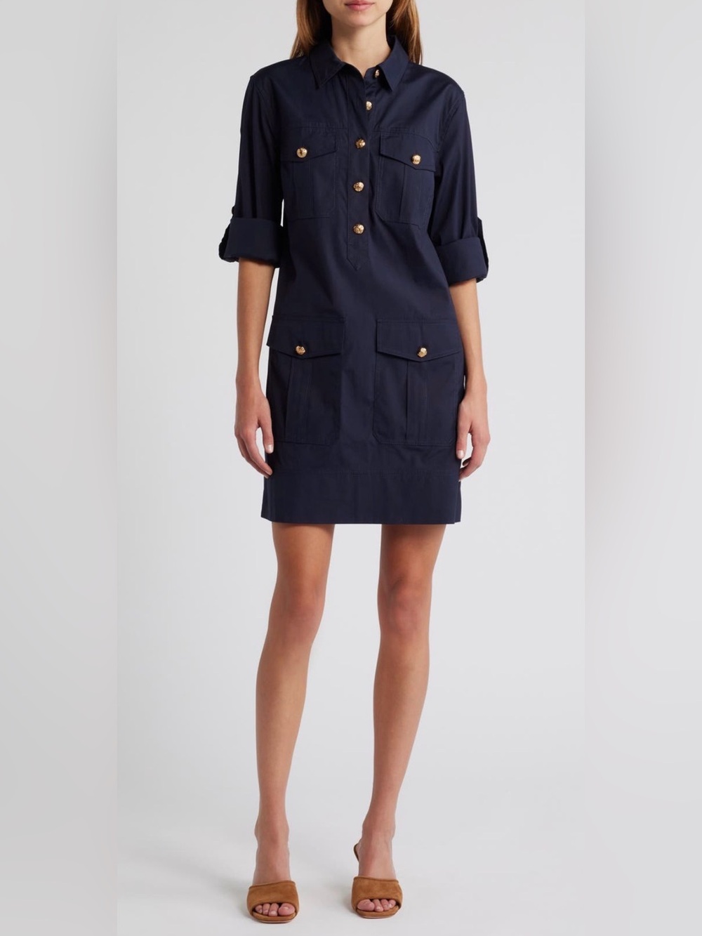 Veronica Beard Saude Shirt Dress Navy Utility Safari Gold Button Cotton Size 2